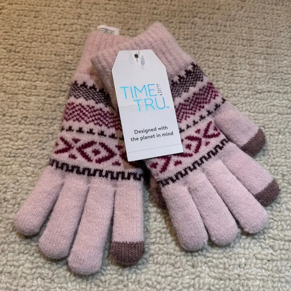 NWT Time and Tru Pink Fair Isle Knit Gloves Women One Size Touchscreen New